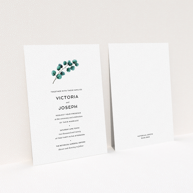 A personalised wedding invite named "Eucalyptus Central". It is an A6 invite in a portrait orientation. "Eucalyptus Central" is available as a flat invite, with tones of white and green.