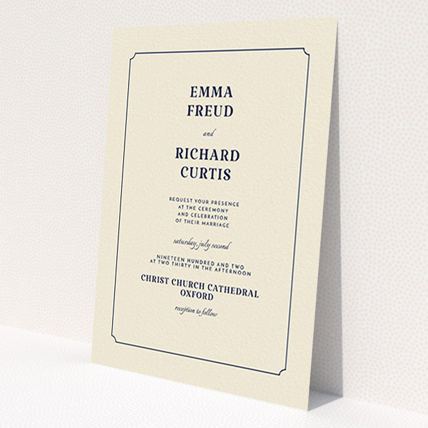 A personalised wedding invite design named "Harrison notch". It is an A6 invite in a portrait orientation. "Harrison notch" is available as a flat invite, with tones of cream and navy blue.