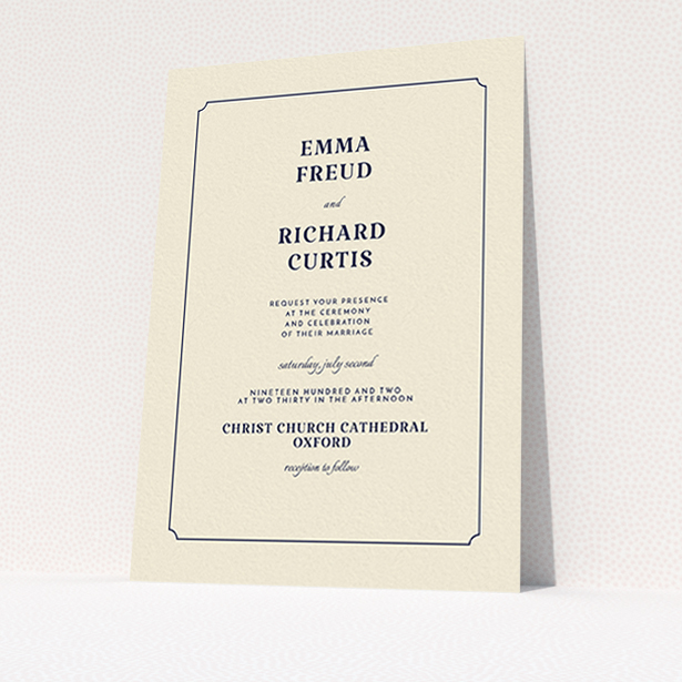A personalised wedding invite design named "Harrison notch". It is an A6 invite in a portrait orientation. "Harrison notch" is available as a flat invite, with tones of cream and navy blue.