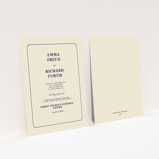 A personalised wedding invite design named "Harrison notch". It is an A6 invite in a portrait orientation. "Harrison notch" is available as a flat invite, with tones of cream and navy blue.