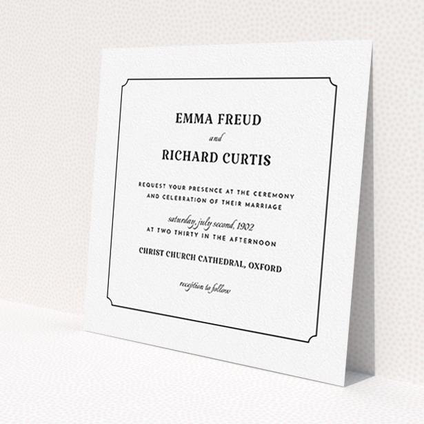 A personalised wedding invite design called "Harrison notch". It is a square (148mm x 148mm) invite in a square orientation. "Harrison notch" is available as a flat invite, with mainly white colouring.