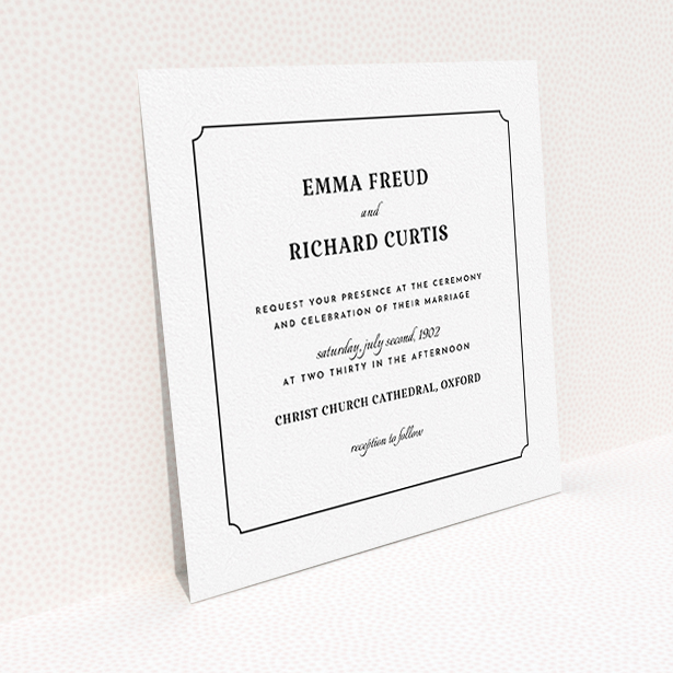 A personalised wedding invite design called "Harrison notch". It is a square (148mm x 148mm) invite in a square orientation. "Harrison notch" is available as a flat invite, with mainly white colouring.