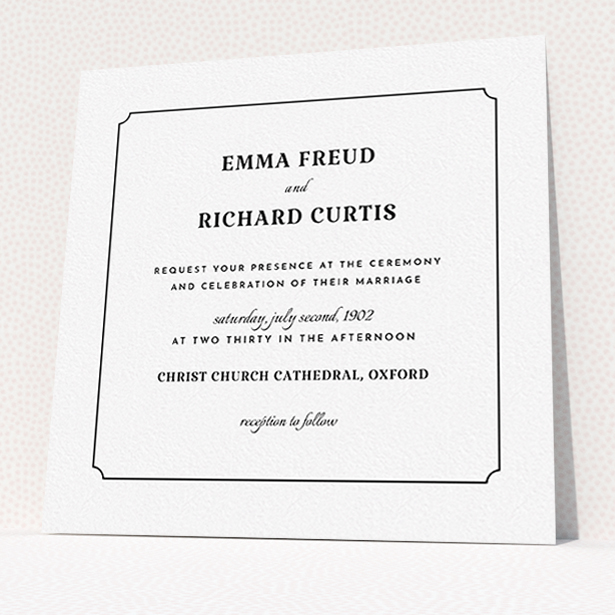 A personalised wedding invite design called "Harrison notch". It is a square (148mm x 148mm) invite in a square orientation. "Harrison notch" is available as a flat invite, with mainly white colouring.
