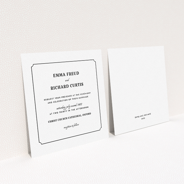 A personalised wedding invite design called "Harrison notch". It is a square (148mm x 148mm) invite in a square orientation. "Harrison notch" is available as a flat invite, with mainly white colouring.
