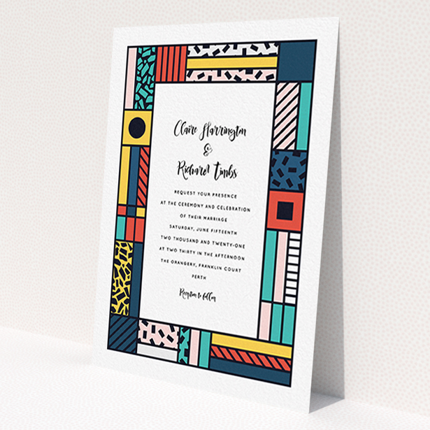 A personalised wedding invite design called 'Mondrian-esque'. It is an A6 invite in a portrait orientation. 'Mondrian-esque' is available as a flat invite, with tones of white and pink.