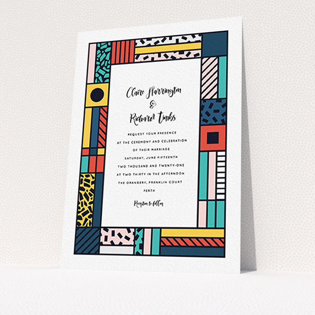 A personalised wedding invite design called "Mondrian-esque". It is an A6 invite in a portrait orientation. "Mondrian-esque" is available as a flat invite, with tones of white and pink.