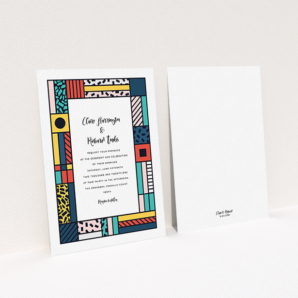 A personalised wedding invite design called "Mondrian-esque". It is an A6 invite in a portrait orientation. "Mondrian-esque" is available as a flat invite, with tones of white and pink.