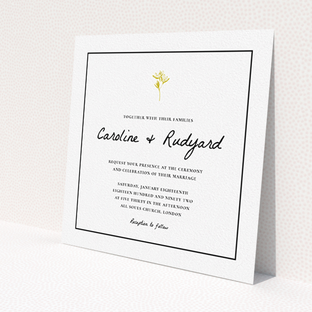 A personalised wedding invite called 'My little daisy'. It is a square (148mm x 148mm) invite in a square orientation. 'My little daisy' is available as a flat invite, with tones of white and gold.