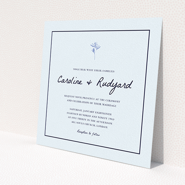 A personalised wedding invite design named 'My little daisy'. It is a square (148mm x 148mm) invite in a square orientation. 'My little daisy' is available as a flat invite, with mainly white colouring.