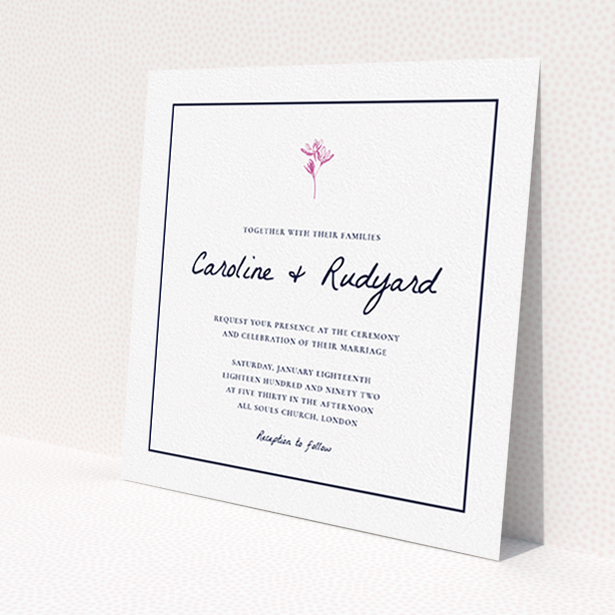 A personalised wedding invite named 'My little daisy'. It is a square (148mm x 148mm) invite in a square orientation. 'My little daisy' is available as a flat invite, with tones of white and pink.