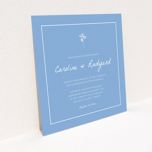 A personalised wedding invite template titled "My little daisy". It is a square (148mm x 148mm) invite in a square orientation. "My little daisy" is available as a flat invite, with tones of blue and white.