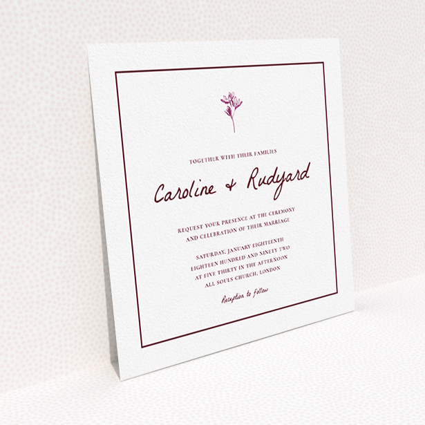 A personalised wedding invite design called "My little daisy". It is a square (148mm x 148mm) invite in a square orientation. "My little daisy" is available as a flat invite, with mainly white colouring.