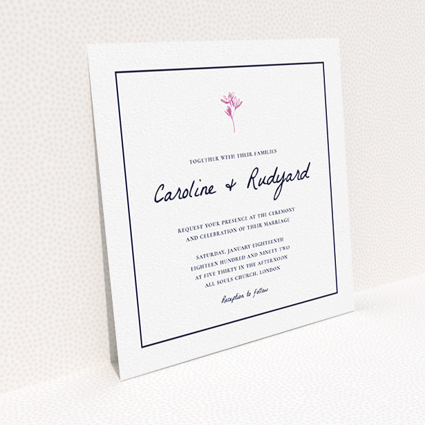 A personalised wedding invite named "My little daisy". It is a square (148mm x 148mm) invite in a square orientation. "My little daisy" is available as a flat invite, with tones of white and pink.