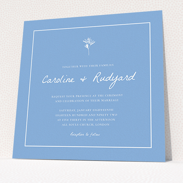 A personalised wedding invite template titled "My little daisy". It is a square (148mm x 148mm) invite in a square orientation. "My little daisy" is available as a flat invite, with tones of blue and white.