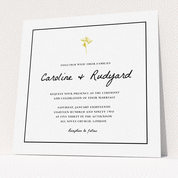 A personalised wedding invite called "My little daisy". It is a square (148mm x 148mm) invite in a square orientation. "My little daisy" is available as a flat invite, with tones of white and gold.