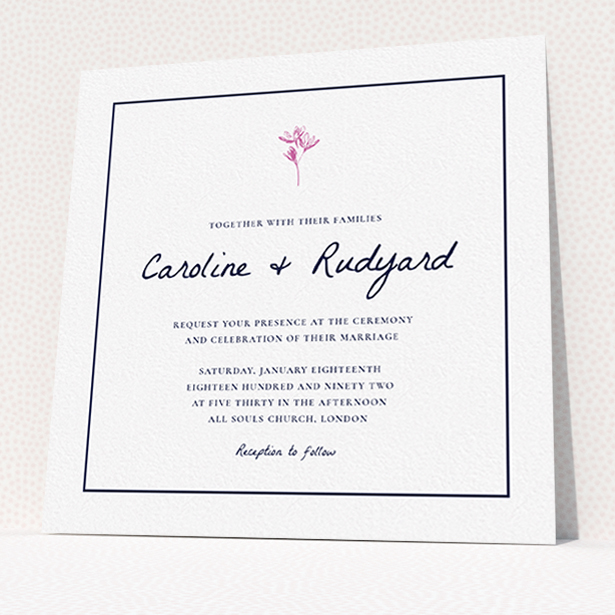 A personalised wedding invite named "My little daisy". It is a square (148mm x 148mm) invite in a square orientation. "My little daisy" is available as a flat invite, with tones of white and pink.