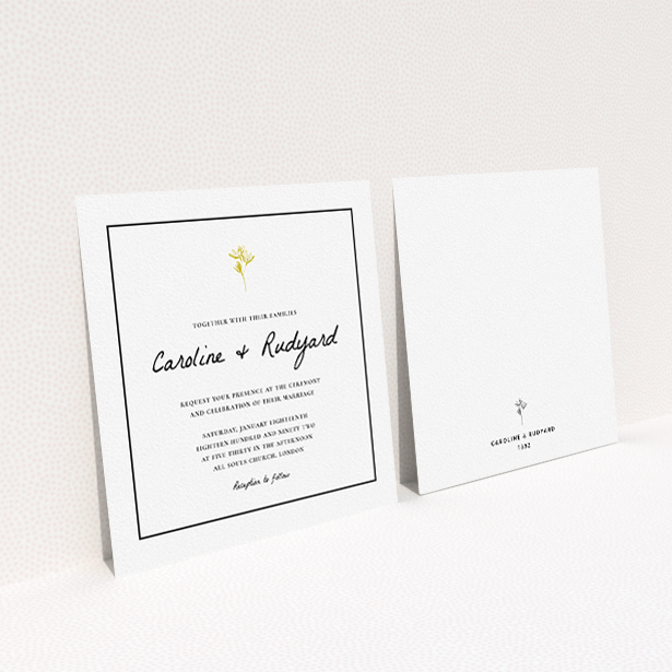 A personalised wedding invite called "My little daisy". It is a square (148mm x 148mm) invite in a square orientation. "My little daisy" is available as a flat invite, with tones of white and gold.