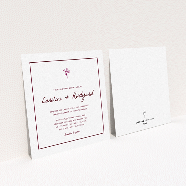 A personalised wedding invite design called "My little daisy". It is a square (148mm x 148mm) invite in a square orientation. "My little daisy" is available as a flat invite, with mainly white colouring.