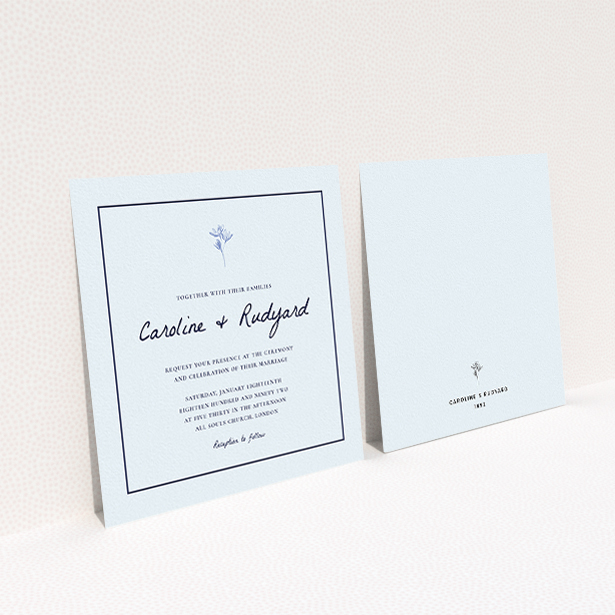 A personalised wedding invite design named "My little daisy". It is a square (148mm x 148mm) invite in a square orientation. "My little daisy" is available as a flat invite, with mainly white colouring.