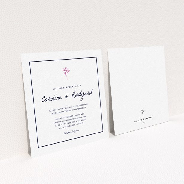 A personalised wedding invite named "My little daisy". It is a square (148mm x 148mm) invite in a square orientation. "My little daisy" is available as a flat invite, with tones of white and pink.