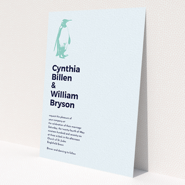 A personalised wedding invite design titled 'My little penguin'. It is an A6 invite in a portrait orientation. 'My little penguin' is available as a flat invite, with mainly blue colouring.