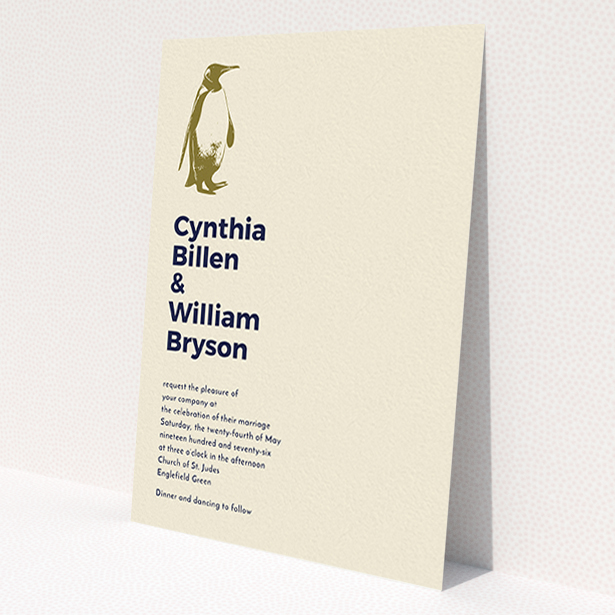 A personalised wedding invite called 'My little penguin'. It is an A6 invite in a portrait orientation. 'My little penguin' is available as a flat invite, with mainly dark cream colouring.