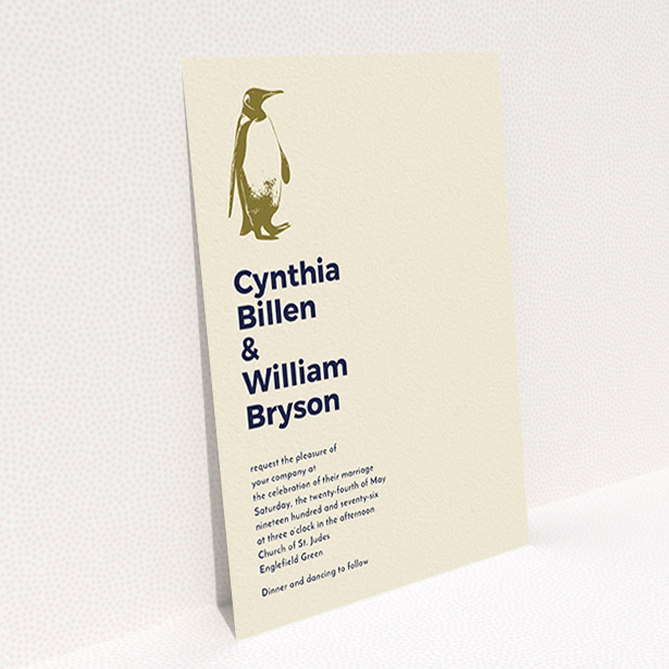 A personalised wedding invite called "My little penguin". It is an A6 invite in a portrait orientation. "My little penguin" is available as a flat invite, with mainly dark cream colouring.