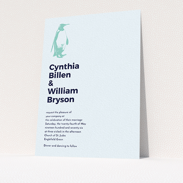 A personalised wedding invite design titled "My little penguin". It is an A6 invite in a portrait orientation. "My little penguin" is available as a flat invite, with mainly blue colouring.