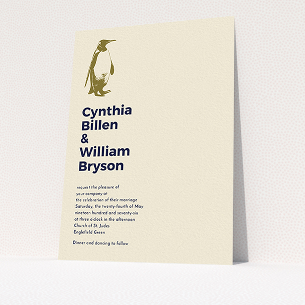 A personalised wedding invite called "My little penguin". It is an A6 invite in a portrait orientation. "My little penguin" is available as a flat invite, with mainly dark cream colouring.