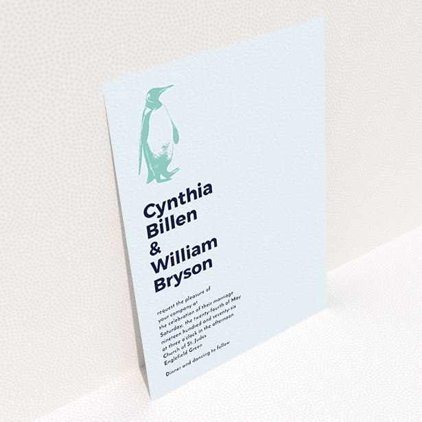 A personalised wedding invite design titled "My little penguin". It is an A6 invite in a portrait orientation. "My little penguin" is available as a flat invite, with mainly blue colouring.