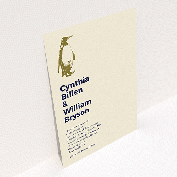 A personalised wedding invite called "My little penguin". It is an A6 invite in a portrait orientation. "My little penguin" is available as a flat invite, with mainly dark cream colouring.