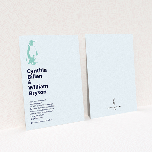 A personalised wedding invite design titled "My little penguin". It is an A6 invite in a portrait orientation. "My little penguin" is available as a flat invite, with mainly blue colouring.