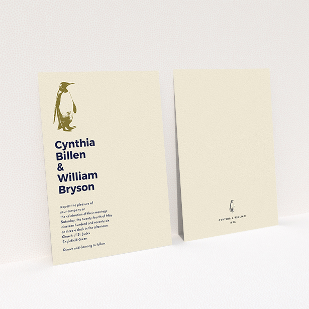 A personalised wedding invite called "My little penguin". It is an A6 invite in a portrait orientation. "My little penguin" is available as a flat invite, with mainly dark cream colouring.