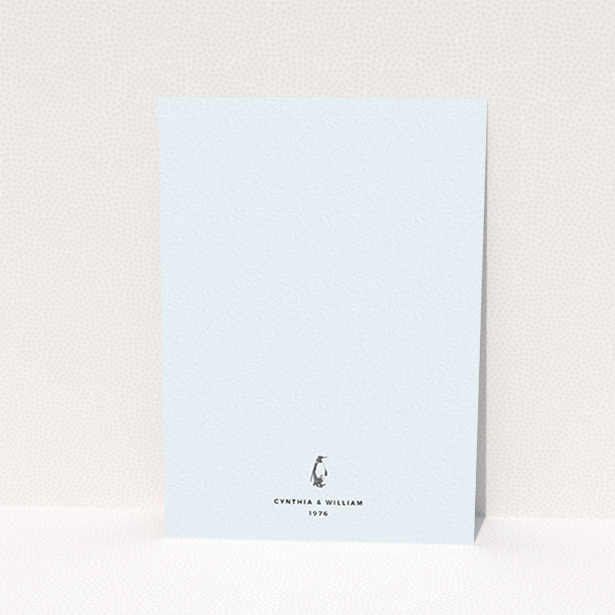 A personalised wedding invite design titled "My little penguin". It is an A6 invite in a portrait orientation. "My little penguin" is available as a flat invite, with mainly blue colouring.