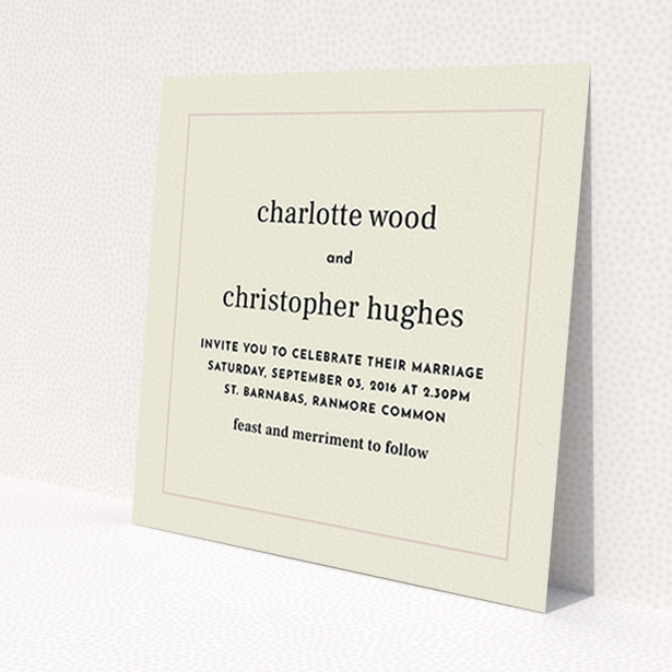 A personalised wedding invite template titled 'Nice and square'. It is a square (148mm x 148mm) invite in a square orientation. 'Nice and square' is available as a flat invite, with mainly dark cream colouring.