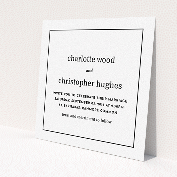 A personalised wedding invite named 'Nice and square'. It is a square (148mm x 148mm) invite in a square orientation. 'Nice and square' is available as a flat invite, with mainly white colouring.