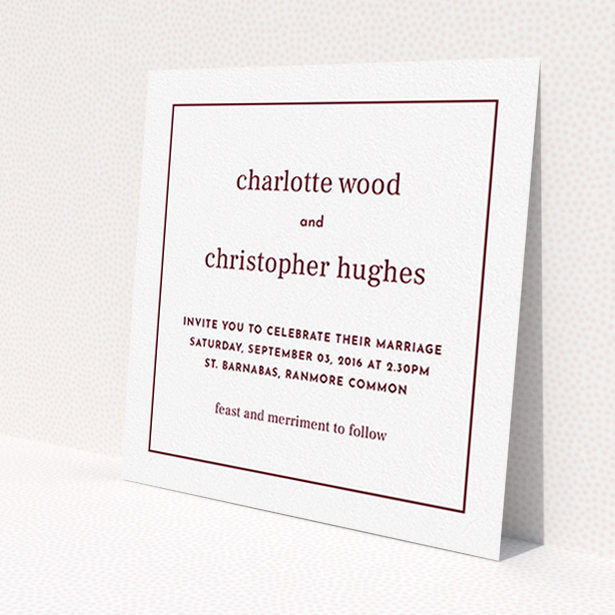 A personalised wedding invite design named 'Nice and square'. It is a square (148mm x 148mm) invite in a square orientation. 'Nice and square' is available as a flat invite, with tones of white and burgundy.
