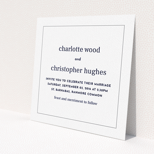 A personalised wedding invite design called 'Nice and square'. It is a square (148mm x 148mm) invite in a square orientation. 'Nice and square' is available as a flat invite, with tones of white and Grey.