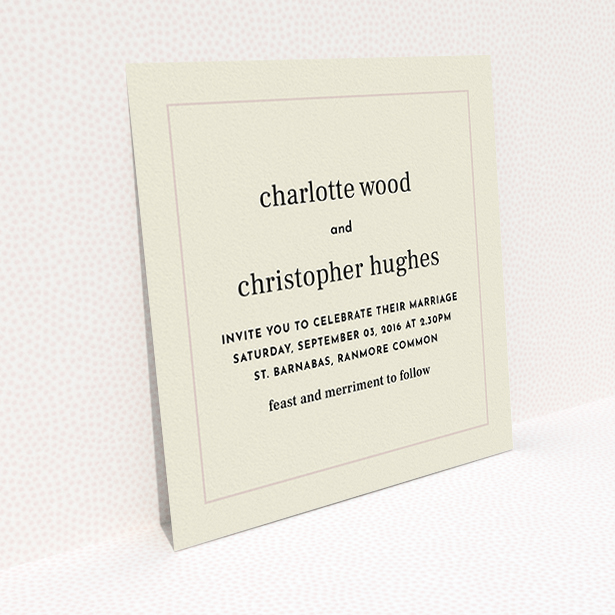 A personalised wedding invite template titled "Nice and square". It is a square (148mm x 148mm) invite in a square orientation. "Nice and square" is available as a flat invite, with mainly dark cream colouring.