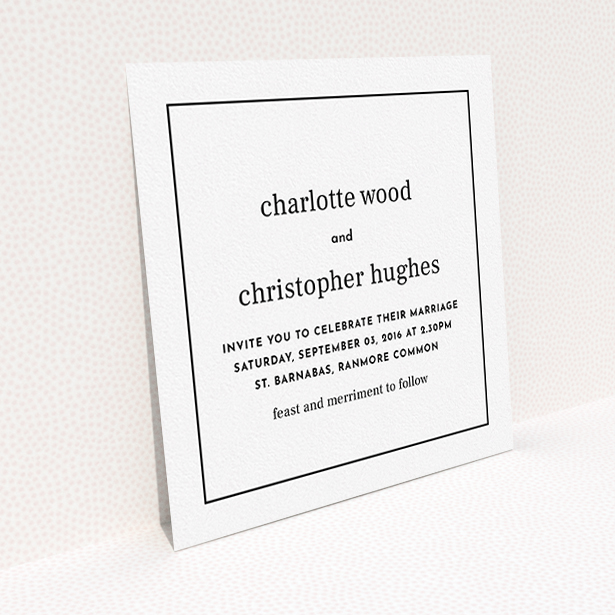 A personalised wedding invite named "Nice and square". It is a square (148mm x 148mm) invite in a square orientation. "Nice and square" is available as a flat invite, with mainly white colouring.