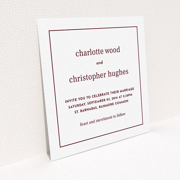 A personalised wedding invite design named "Nice and square". It is a square (148mm x 148mm) invite in a square orientation. "Nice and square" is available as a flat invite, with tones of white and burgundy.