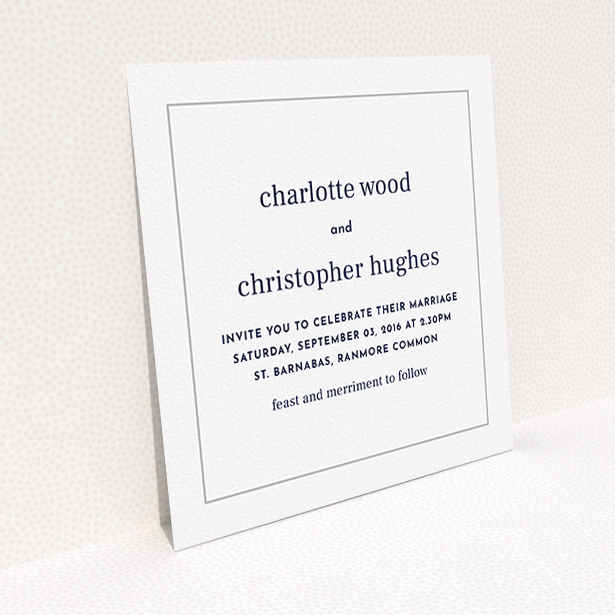 A personalised wedding invite design called "Nice and square". It is a square (148mm x 148mm) invite in a square orientation. "Nice and square" is available as a flat invite, with tones of white and Grey.