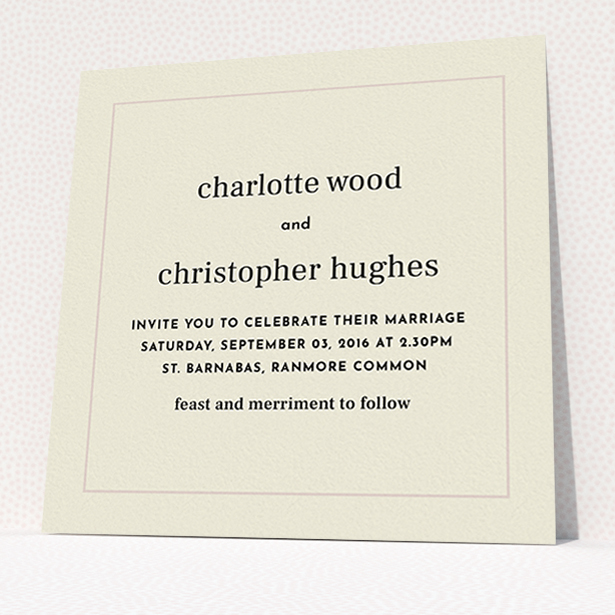 A personalised wedding invite template titled "Nice and square". It is a square (148mm x 148mm) invite in a square orientation. "Nice and square" is available as a flat invite, with mainly dark cream colouring.
