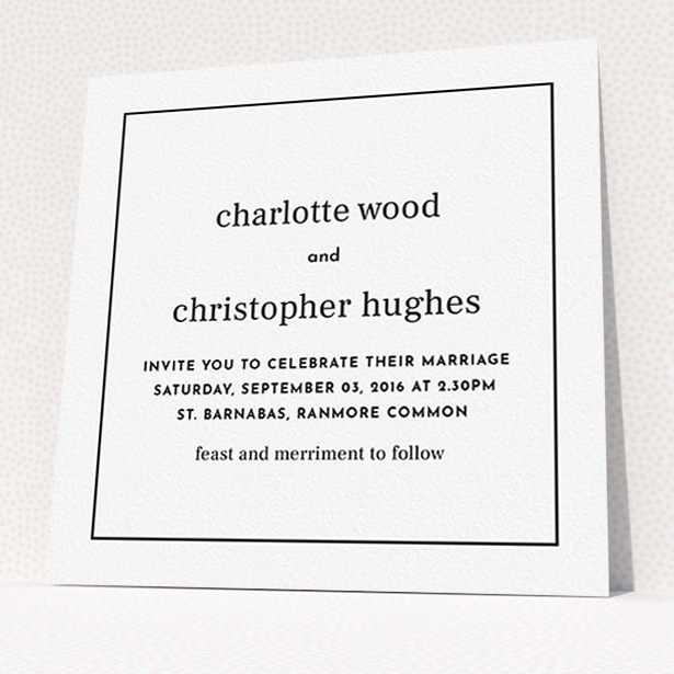 A personalised wedding invite named "Nice and square". It is a square (148mm x 148mm) invite in a square orientation. "Nice and square" is available as a flat invite, with mainly white colouring.