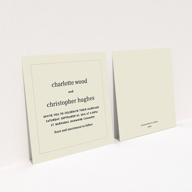 A personalised wedding invite template titled "Nice and square". It is a square (148mm x 148mm) invite in a square orientation. "Nice and square" is available as a flat invite, with mainly dark cream colouring.
