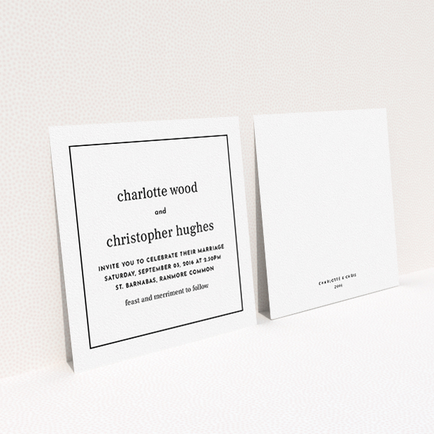 A personalised wedding invite named "Nice and square". It is a square (148mm x 148mm) invite in a square orientation. "Nice and square" is available as a flat invite, with mainly white colouring.