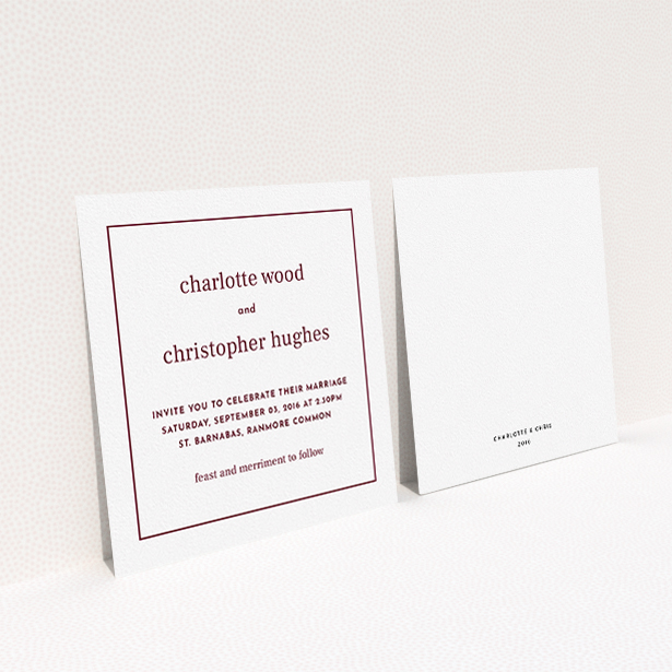 A personalised wedding invite design named "Nice and square". It is a square (148mm x 148mm) invite in a square orientation. "Nice and square" is available as a flat invite, with tones of white and burgundy.