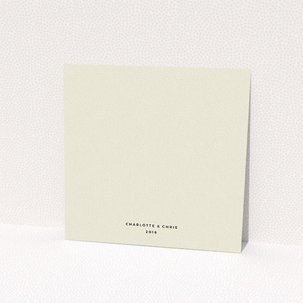 A personalised wedding invite template titled "Nice and square". It is a square (148mm x 148mm) invite in a square orientation. "Nice and square" is available as a flat invite, with mainly dark cream colouring.