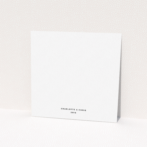 A personalised wedding invite design named "Nice and square". It is a square (148mm x 148mm) invite in a square orientation. "Nice and square" is available as a flat invite, with tones of white and burgundy.