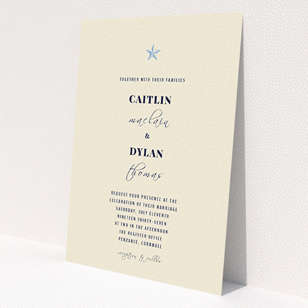 A personalised wedding invite named 'North Star'. It is an A6 invite in a portrait orientation. 'North Star' is available as a flat invite, with mainly dark cream colouring.